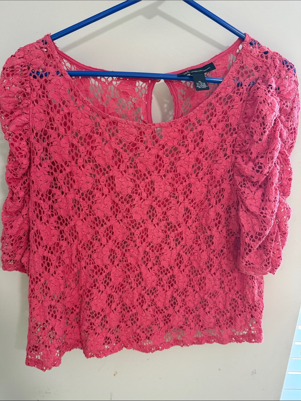 INC Pink Lace Crochet Puff-Sleeve Top SEE THROUGH HALLOWEEN COSTUME XL WOMENS